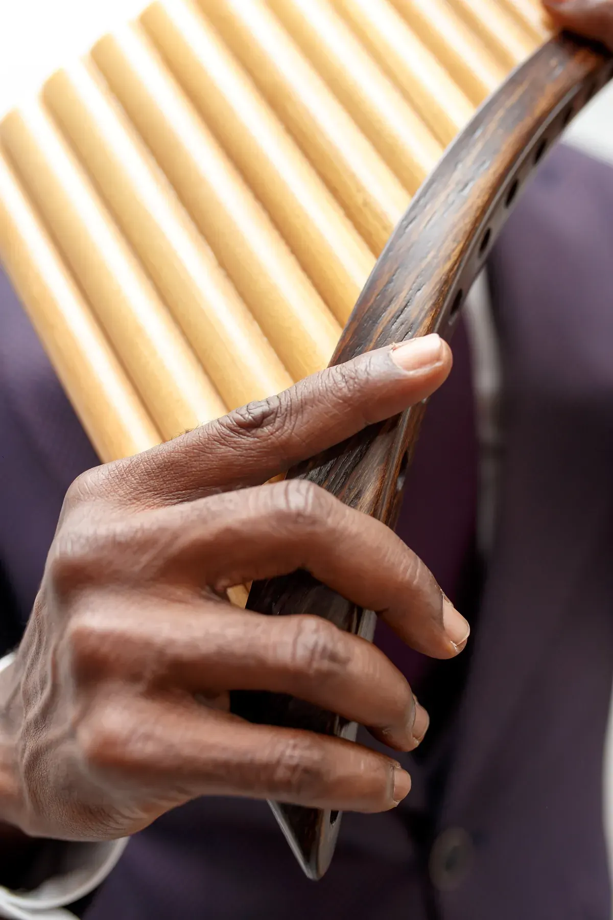The bamboo reeds of the pan flute, close up.